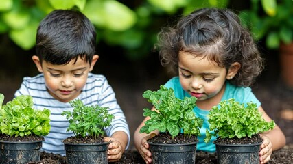 Two young children planting seedlings in small pots in a garden - Powered by Adobe