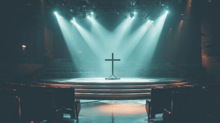 Dramatic Lighting and Cross in Empty Church Sanctuary Setting
