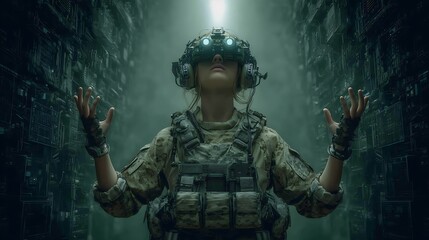 Futuristic Female Soldier using Virtual Reality Headset in a Digital Environment