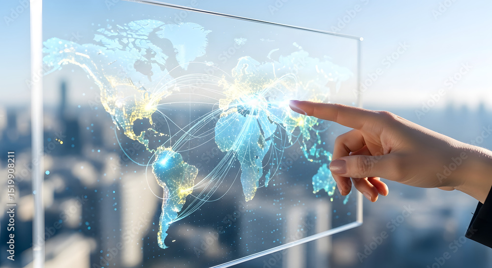 Poster global network visualization interactive world map on transparent screen
