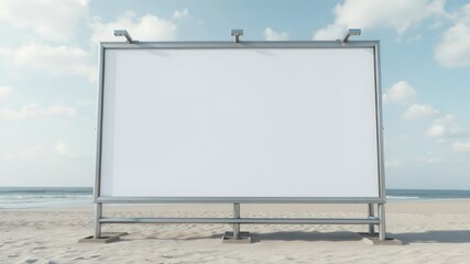 Blank White Advertisement Signage Display on Sandy Beach with Ocean View Under Clear Blue Sky with Light Clouds