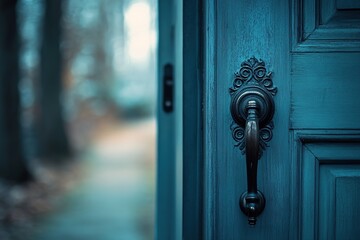A close-up shot of the door handle on an open home entrance, with light blue tones and a blurred