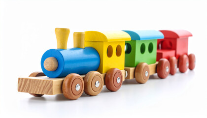 Brightly colored wooden train toy with blue, yellow, green, and red carriages on white background, perfect for playful childhood moments and imaginative play