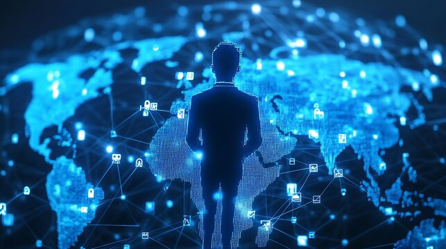 Analyzing Global Network a Businessman Standing Before Pixelated World Map
