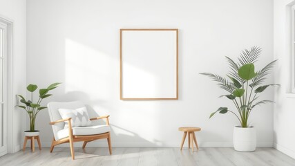 Simple and Calm Interior Design A Clean White Room with a Wooden Frame, Chair, and Plants