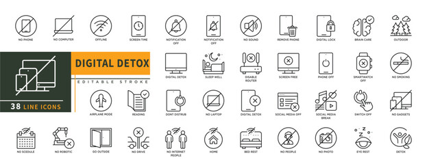 Minimalist Digital Detox line icons set with editable stroke, featuring no phone, no computer, offline, notification off, reading, digital lock, brain care, phone off, detox. thin linear illustration.