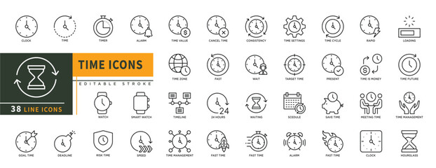 Minimalist Time line icons set with editable stroke, featuring clock, time, timer, alarm, time value, consistency, fast, waiting, time line, target time, rapid, save,speed. thin linear illustration.