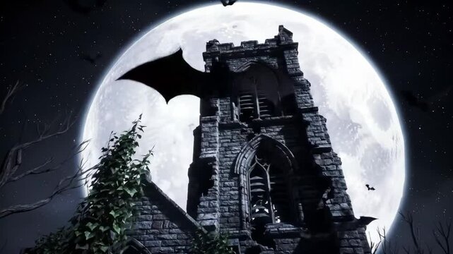 Spooky old church tower with bats flying under a large full moon.