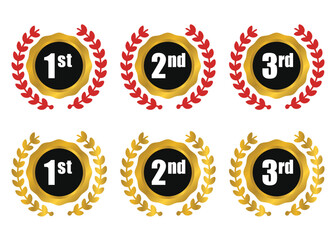 A set of gold and red laurel wreath medal badges for 1st, 2nd, and 3rd place.Vector illustration