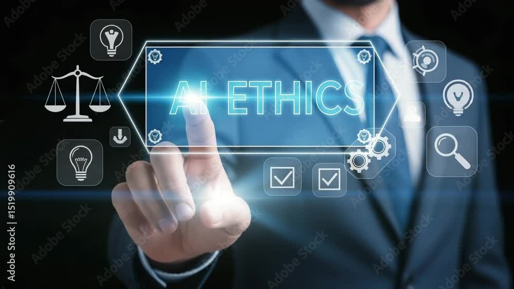 Poster A man in a suit touching a screen displaying ai ethics with icons and symbols around it