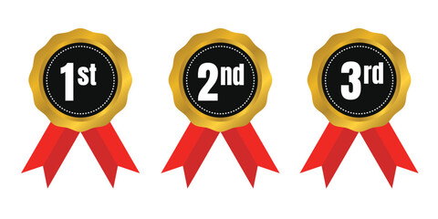 First, Second, and Third Place Badges with Red Ribbons.Vector illustration