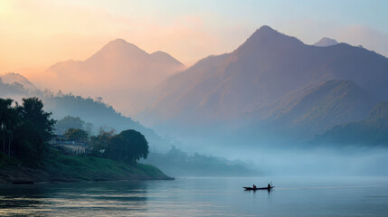 Serene foggy morning along Mekong River showcases tranquil landscape with mountains in background, creating peaceful atmosphere for lone fisherman in boat