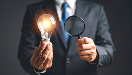 Businessman holding glowing lightbulb and magnifying glass, symbolizing idea, innovation, and insight in professional setting, with focus on creativity and problem solving