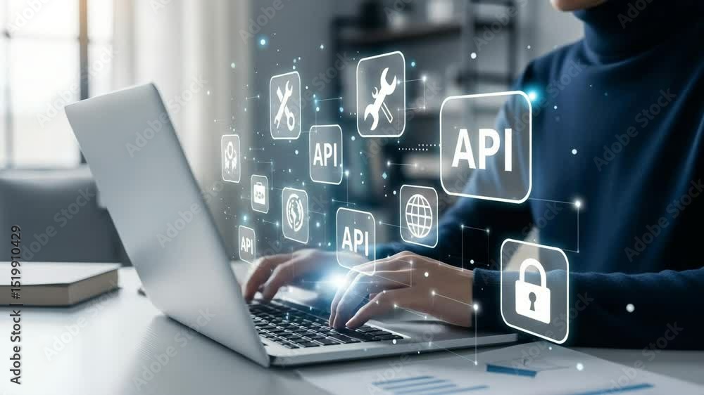 Poster Person typing on laptop with api icons overlayed on screen and desk in bright indoor setting