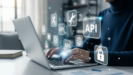 Person typing on laptop with api icons overlayed on screen and desk in bright indoor setting - Powered by Adobe
