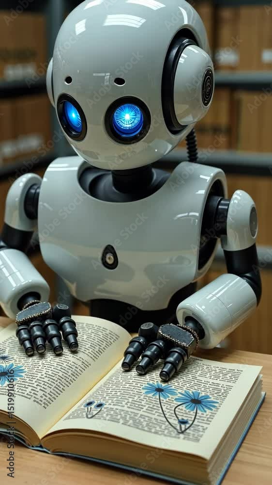 Poster robot working in library.