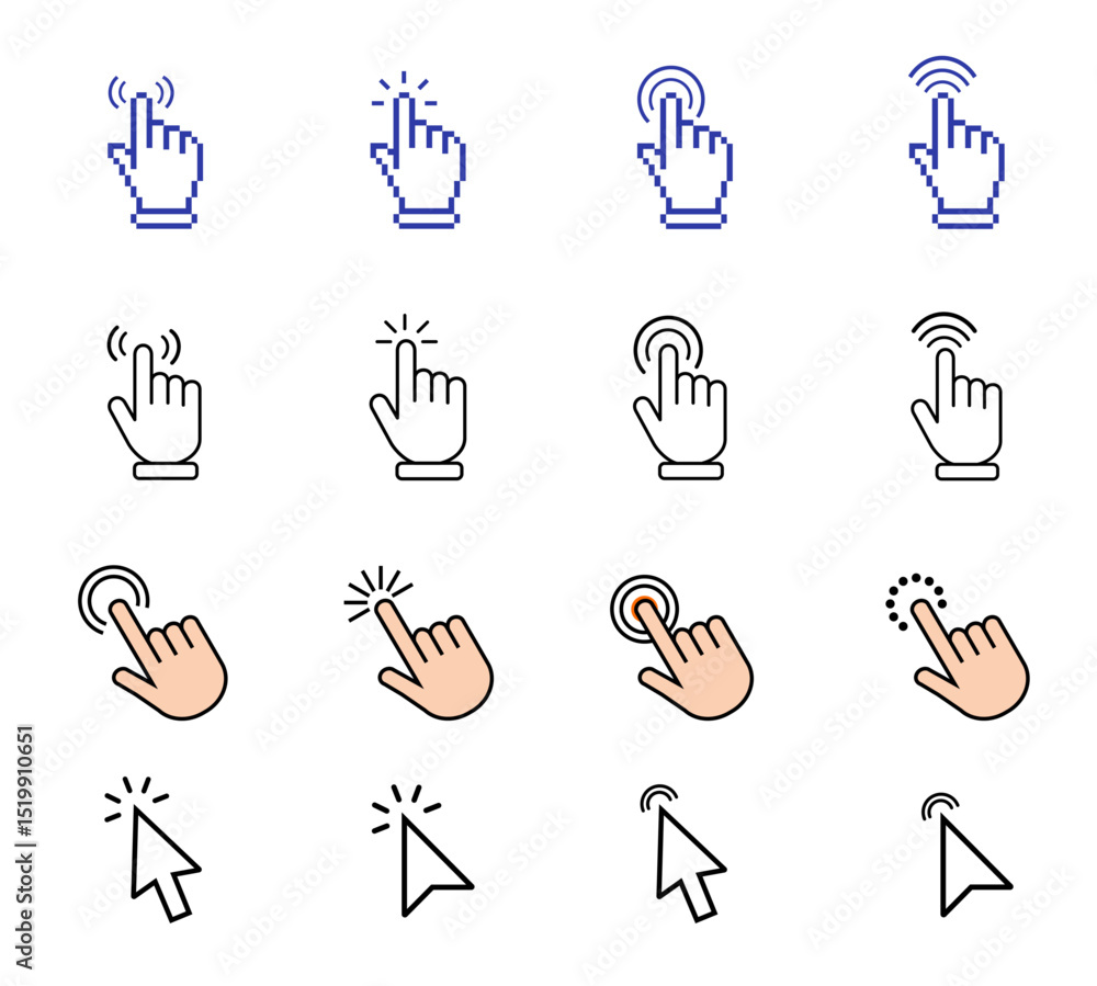 Aufkleber Pointer cursor сomputer mouse icon. Clicking cursor, pointing hand clicks icons. Click cursor. Vector Illustration.