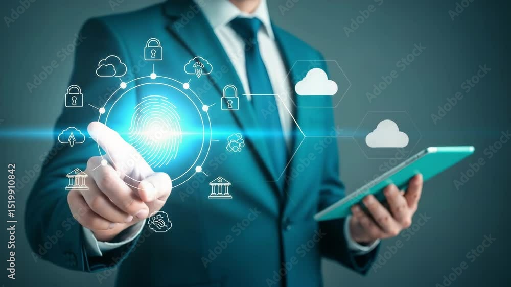 Aufkleber man in suit touching fingerprint icon with digital security symbols and holding a tablet device