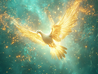 Radiant White Dove with Glowing Golden Wings Flying Through Sparkling Sky – Symbolic Fantasy Art of Peace, Light, and Spiritual Ascension in Celestial Dreamlike Scene