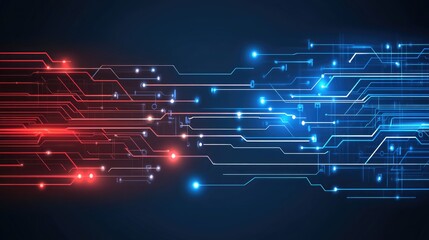 Abstract digital circuitry; red and blue glowing lines converge