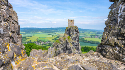 Trosky Castle Ruins stand majestically on rocky peaks in Bohemian Paradise, Czechia. Visitors...