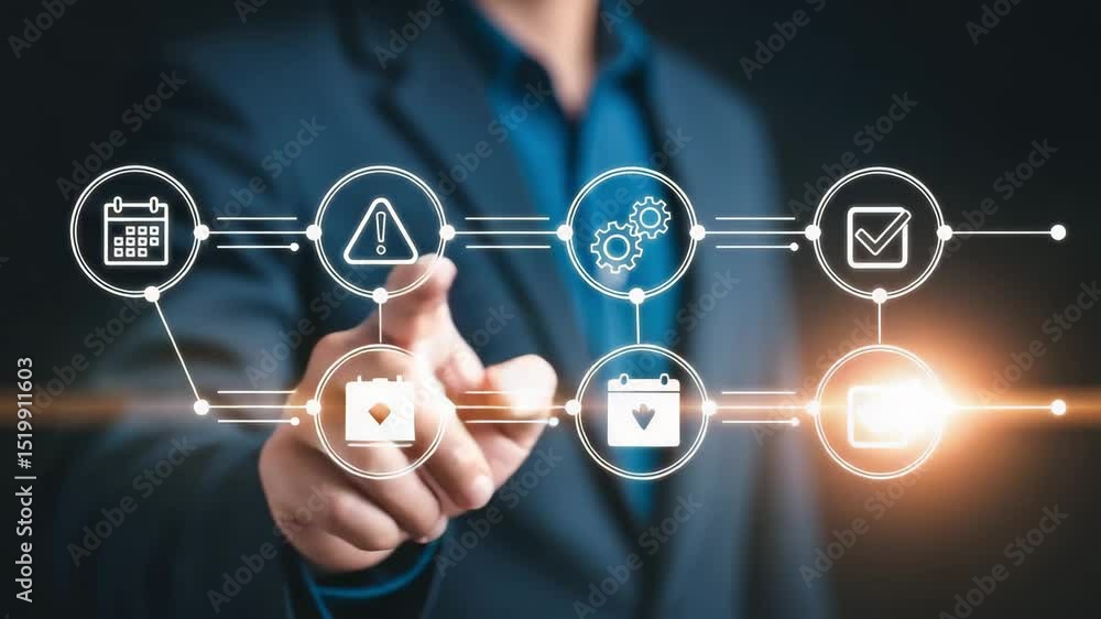 Aufkleber Man in suit pointing at digital icons representing workflow process and project management steps