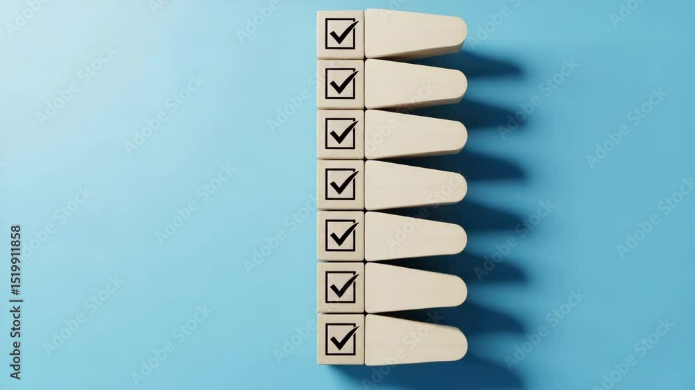 Poster Stack of wooden blocks with check marks on a blue background in a vertical arrangement