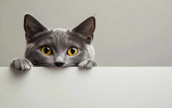 Curious cat peeking over blank sign (1)
