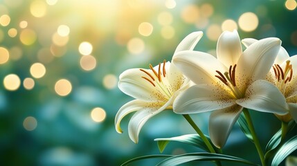 Delicate white lilies bathed in soft sunlight, bokeh background