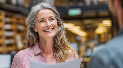 Smiling woman engages in conversation while holding documents in a bright, modern office setting during a collaborative meeting
