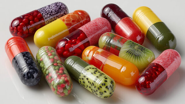 Colorful dietary supplements showcasing vibrant fruit and berry designs. The concept of innovative superfoods.