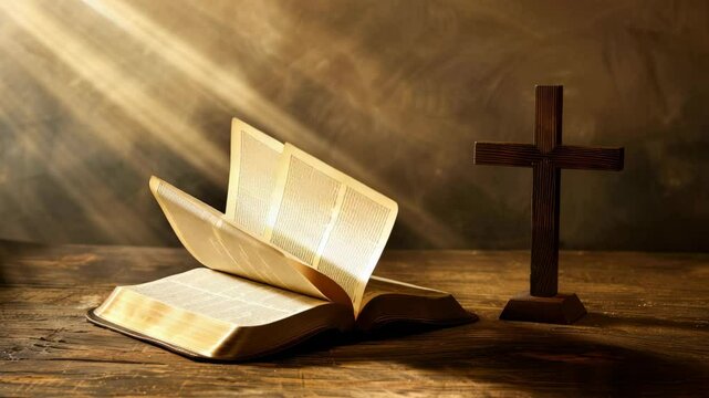 Soft rays illuminate an open scripture alongside a wooden cross, creating a tranquil atmosphere perfect for reflection and prayer