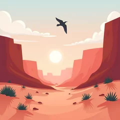 Fototapete An illustrated desert landscape at sunset, featuring a majestic eagle soaring above a winding river through towering red rock canyons.  © rabia