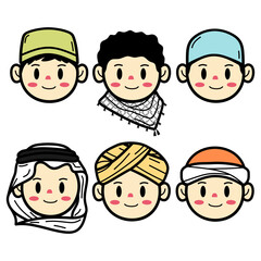 Set Of Cute Muslim Arab Boy in Traditional Headwear Culture Style Cartoon Character Collections