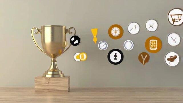 A golden trophy with decorative handles on a wooden base highlights achievement in a minimalist setting