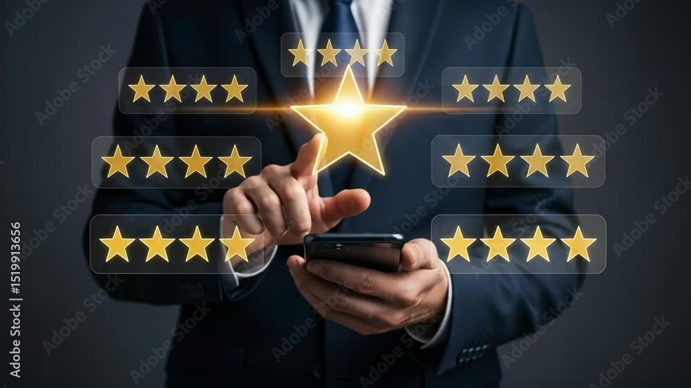 Poster businessman touching star rating on virtual interface with mobile phone in hand in dark background