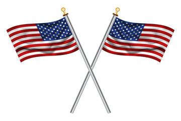American crossed flags isolated on a white background, vector illustration. Two crossed national flags of the USA.
