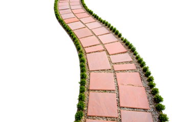 Winding stone pathway bordered with green shrubs in a garden against a black background.