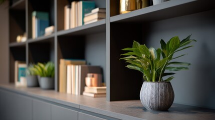 Fototapeta premium Green houseplant in a gray ceramic pot. Styled on a dark shelf with books and minimalist decor. Calm productivity and fresh growth. Ideal for office branding, wellness blogs