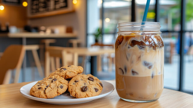 Iced coffee in a mason jar with chocolate chip cookies
