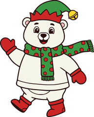 Cheerful polar bear in santa hat, scarf, and mittens waving, christmas cartoon design for holiday decoration