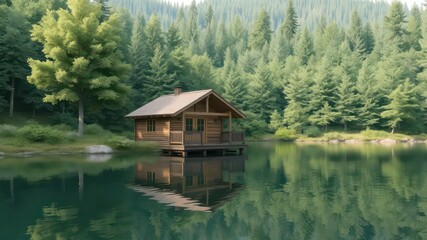 Obraz premium Serene waters reflect a wooden cabin amidst a dense evergreen forest, evoking tranquility and escape to nature's secluded beauty