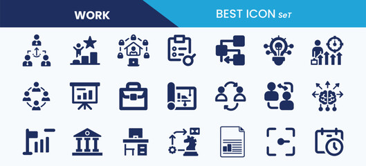 Best work icon set collection. Presentation, success, organization, project, teamwork, deadline, strategy and vector illustration