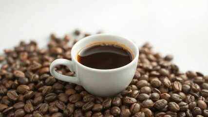 Fototapeta premium A cup of dark brewed beverage resting on a bed of aromatic roasted grains in a studio setting