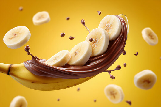 Banana Dipped in Rich Chocolate With Banana Slices Splattering on a Bright Yellow Background