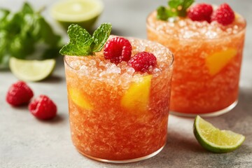 Summer Vibes Text Background Banner. Refreshing Summer Cocktail with Raspberries and Mint Over Crushed Ice in Glasses