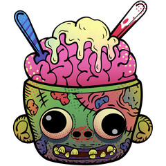 Ice cream zombie open head and skull showing the brain with spoon Halloween vibe comic cartoon whimsical character illustration