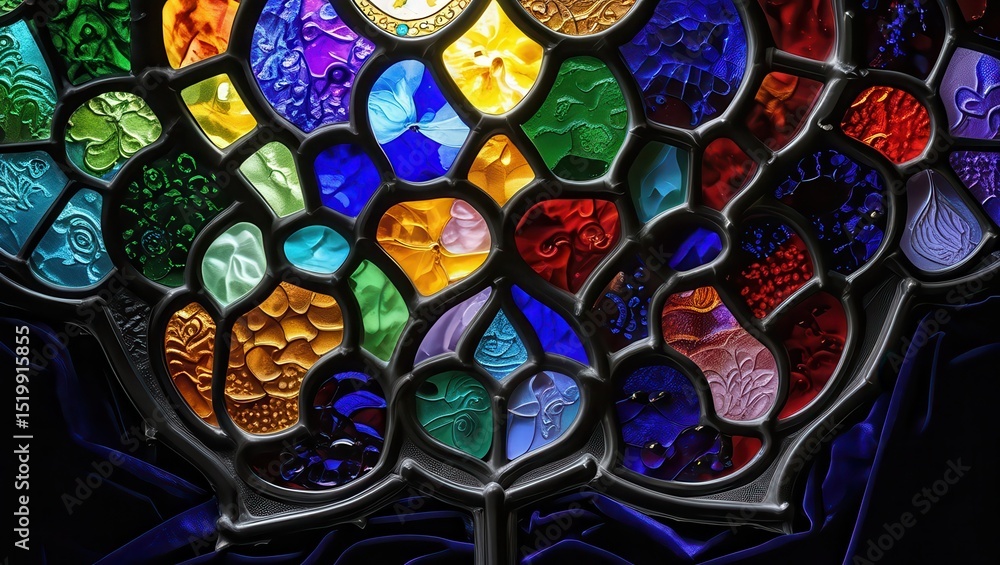 Aufkleber a close up of a colorful stained glass window with an intricate pattern and a dark background below 
