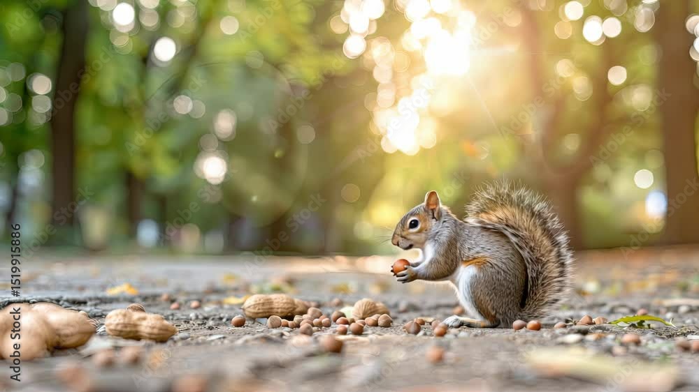 Poster a curious squirrel collects nuts scattered on the ground beneath trees as sunlight filters through l