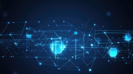 Obraz premium Abstract blue glowing network connections, geometric shapes, and lines forming a complex digital pattern on a dark background